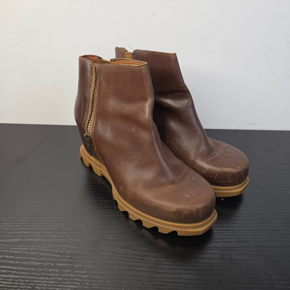 Sorel Joan of Arctic Wedge III Zip Brown Leather Ankle Boots NL4371-245 Size 9